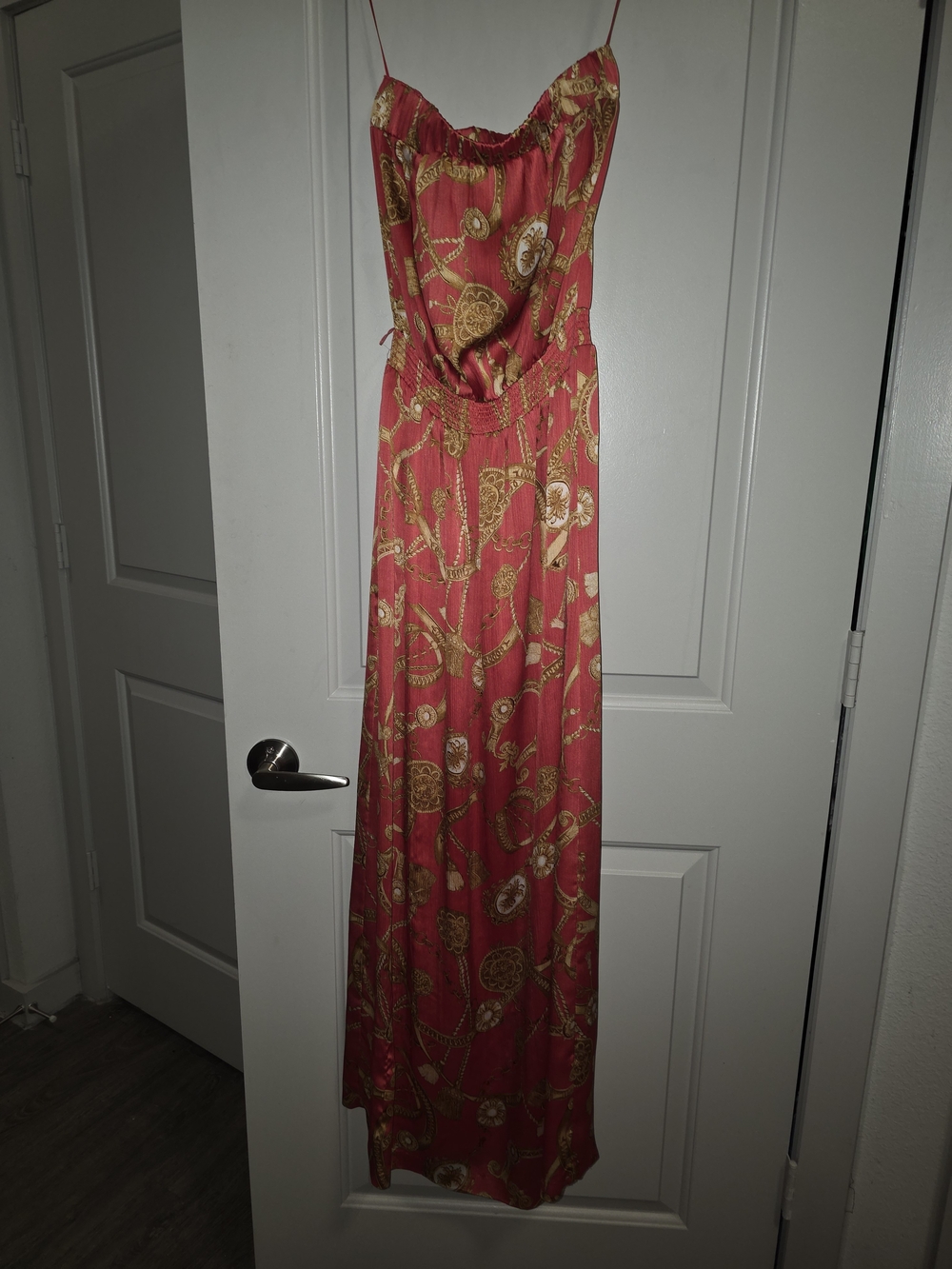 Cache Strapless Coral and Gold Maxi Dress